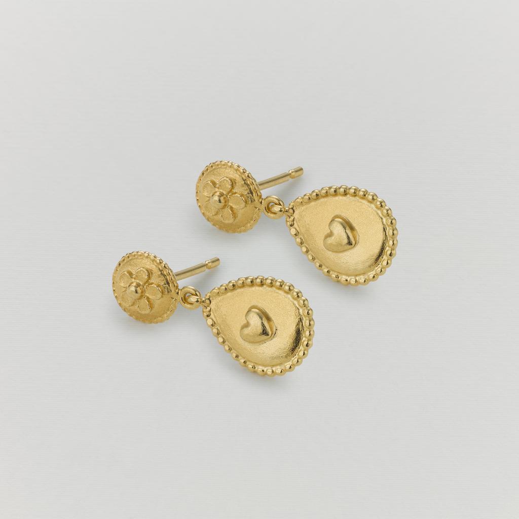 A.M. Love of Nature Heart & Flower Drop Earrings Gold