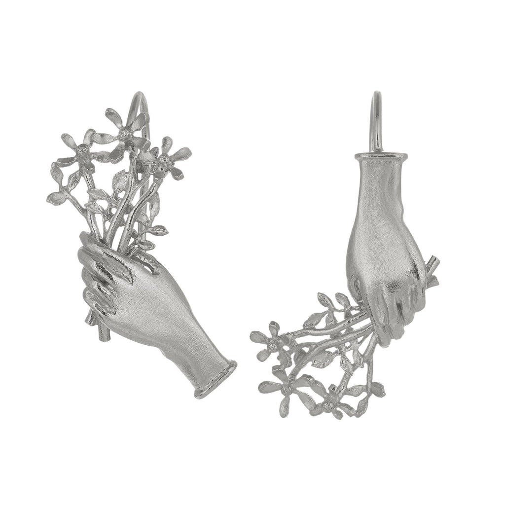 A.M. Asymmetric Gift of Flowers Bouquet Drop Earrings Silver