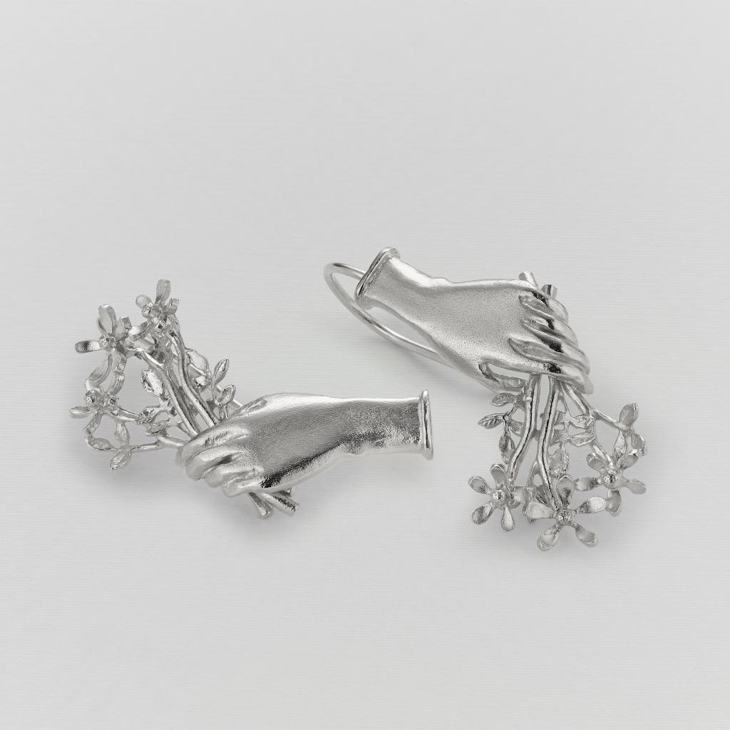 A.M. Asymmetric Gift of Flowers Bouquet Drop Earrings Silver