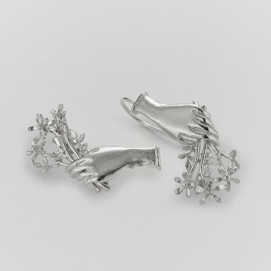 A.M. Asymmetric Gift of Flowers Bouquet Drop Earrings Silver