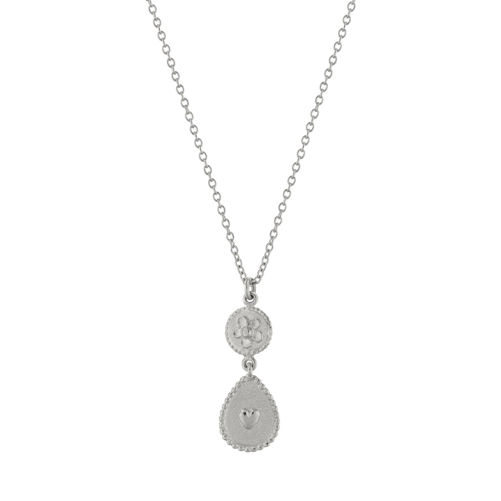 A.M. Love of Nature Heart & Flower Drop Necklace Silver