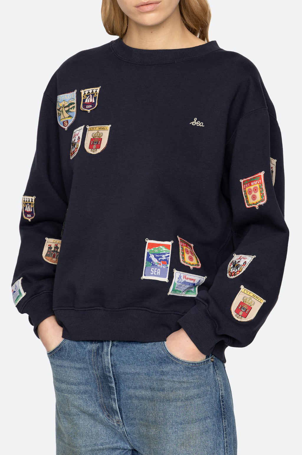 Davis Patchwork Crew Neck Sweatshirt Navy