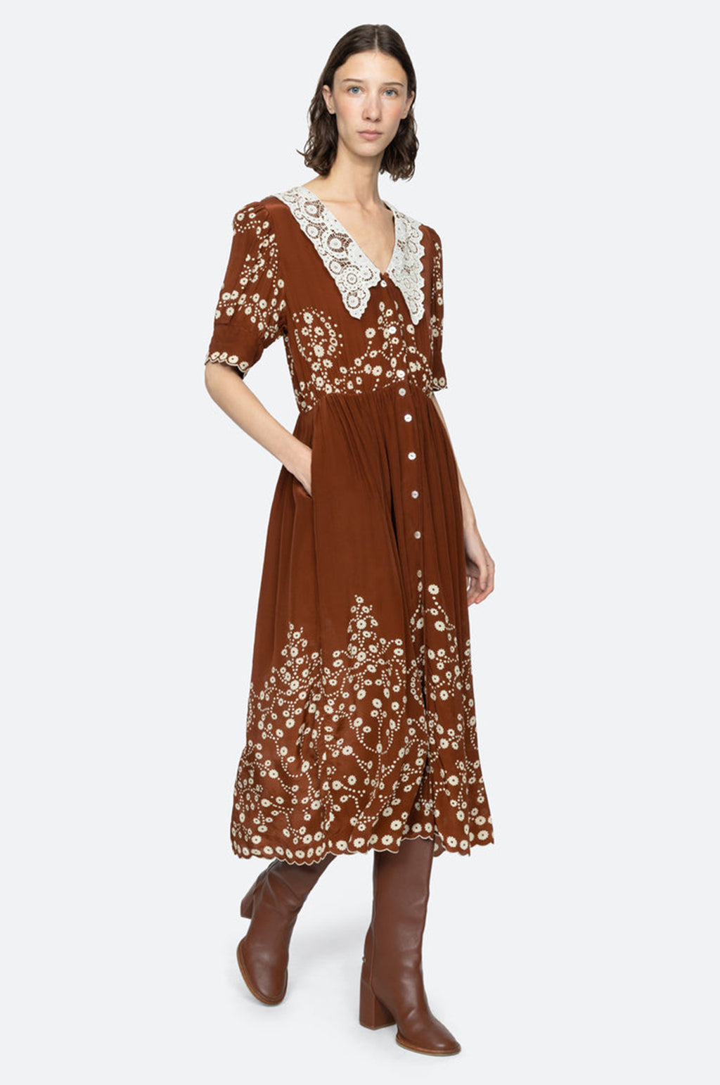 Frances Print S/Slv Midi Dress Brown