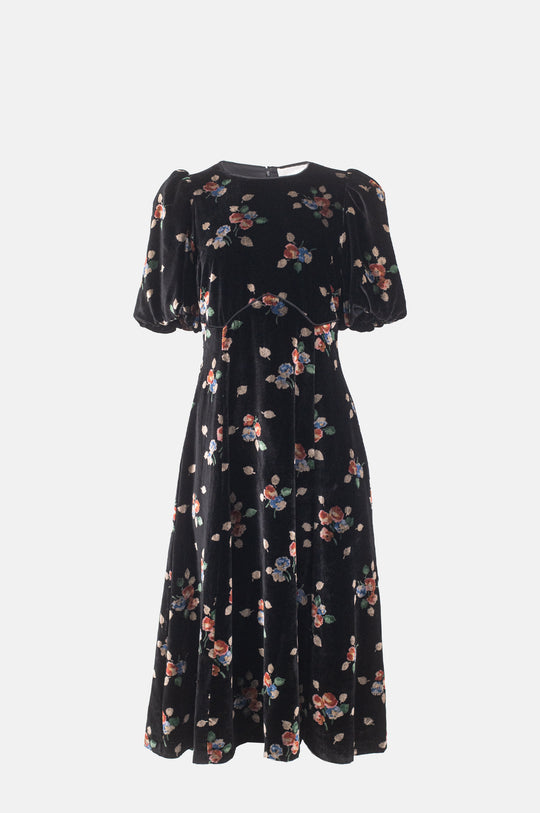Leda Velvet Puff Slv Midi Dress Black