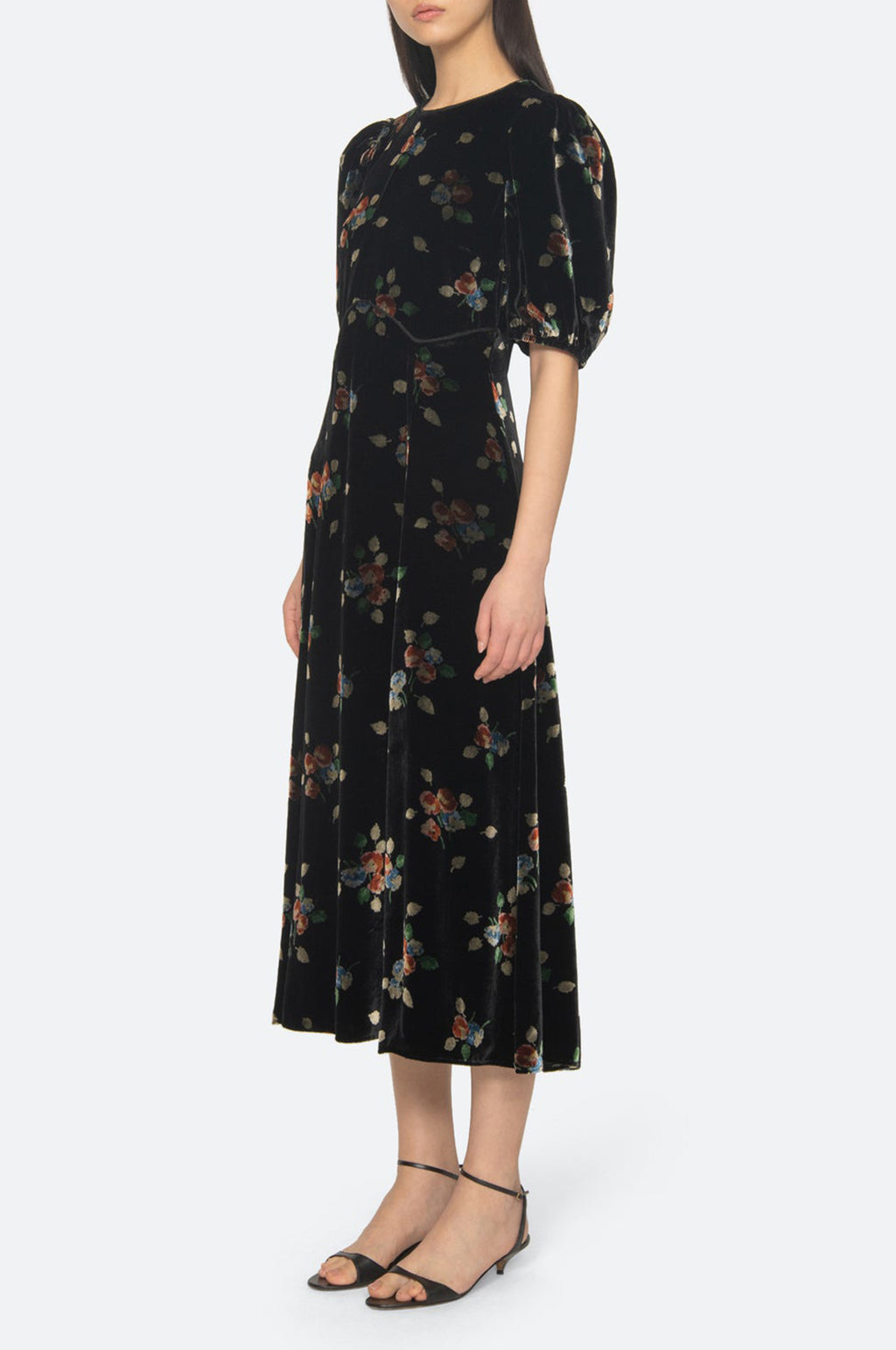 Leda Velvet Puff Slv Midi Dress Black