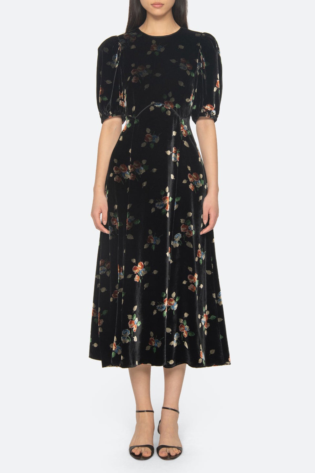 Leda Velvet Puff Slv Midi Dress Black