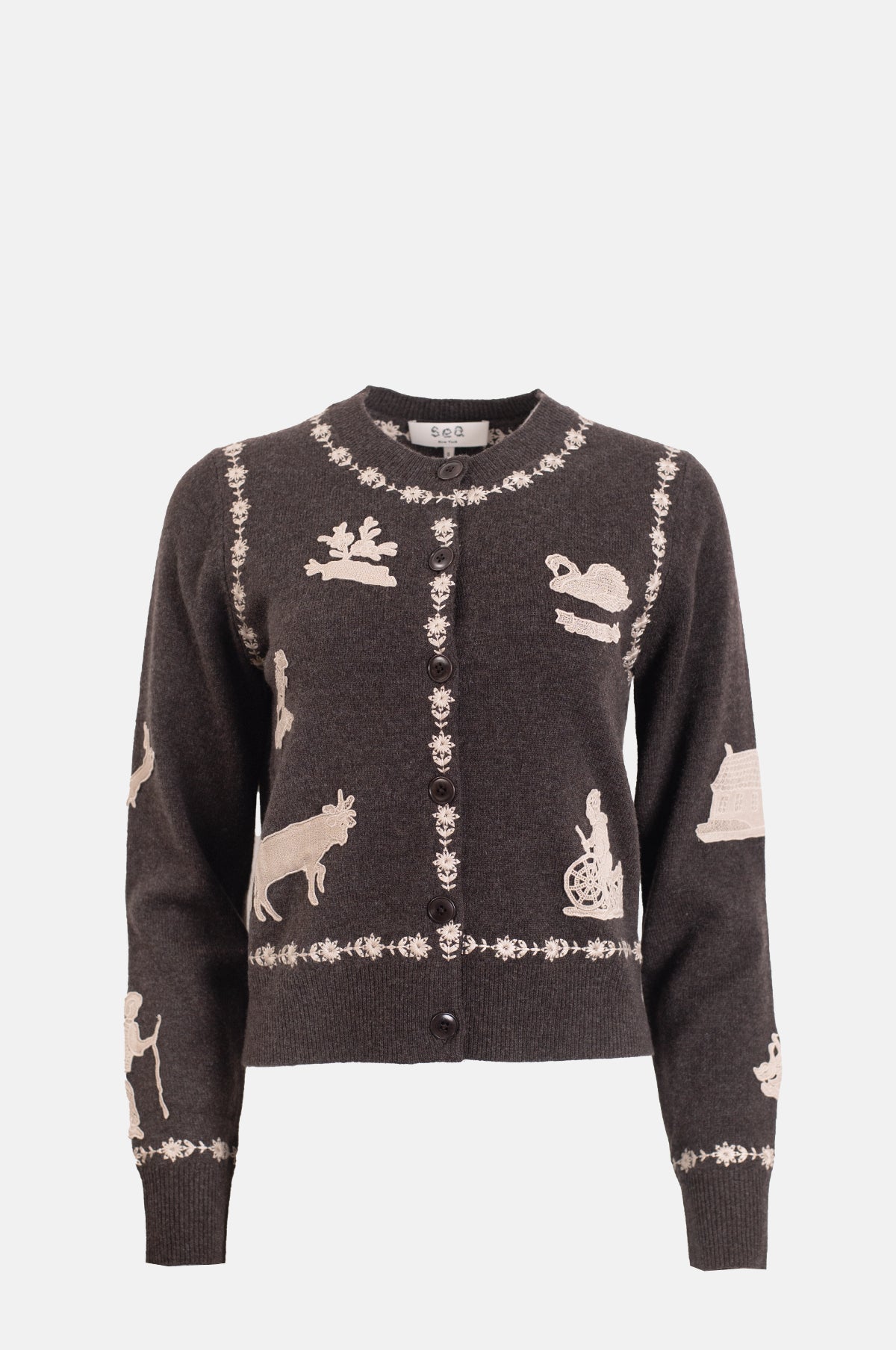 Sea New York Margeurite Lace Patch Long Sleeve Cardigan Coffee.