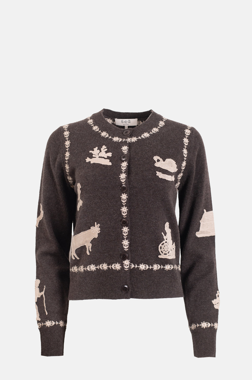 Sea New York Margeurite Lace Patch Long Sleeve Cardigan Coffee.