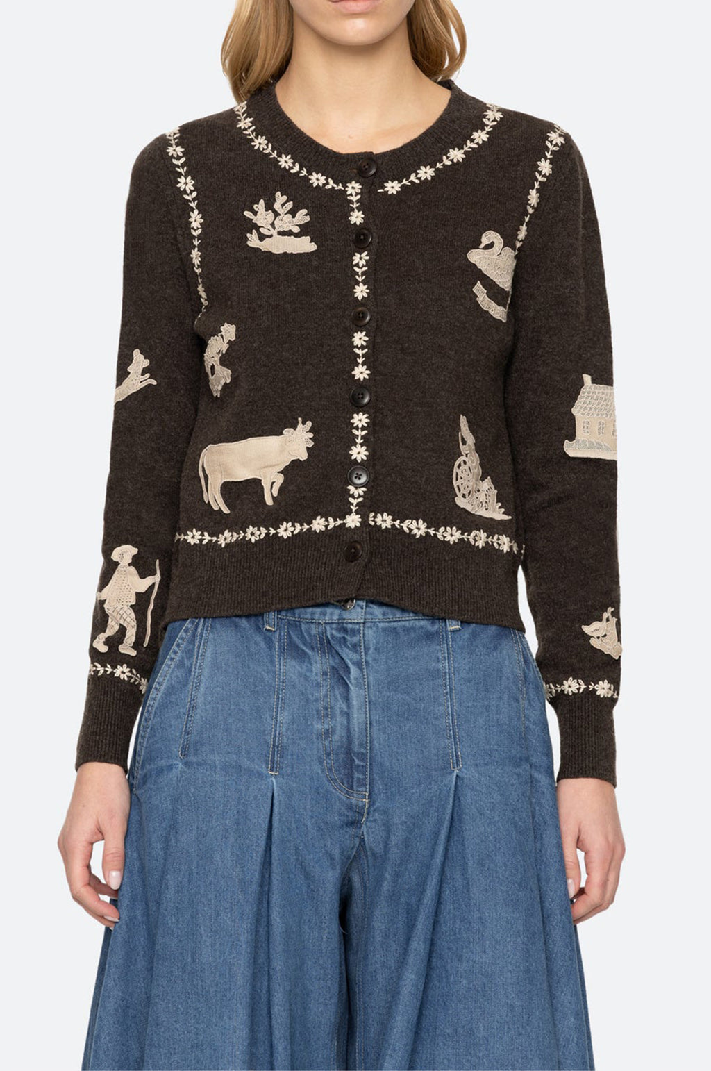 Margeurite Lace Patch L/Slv Cardigan Coffee