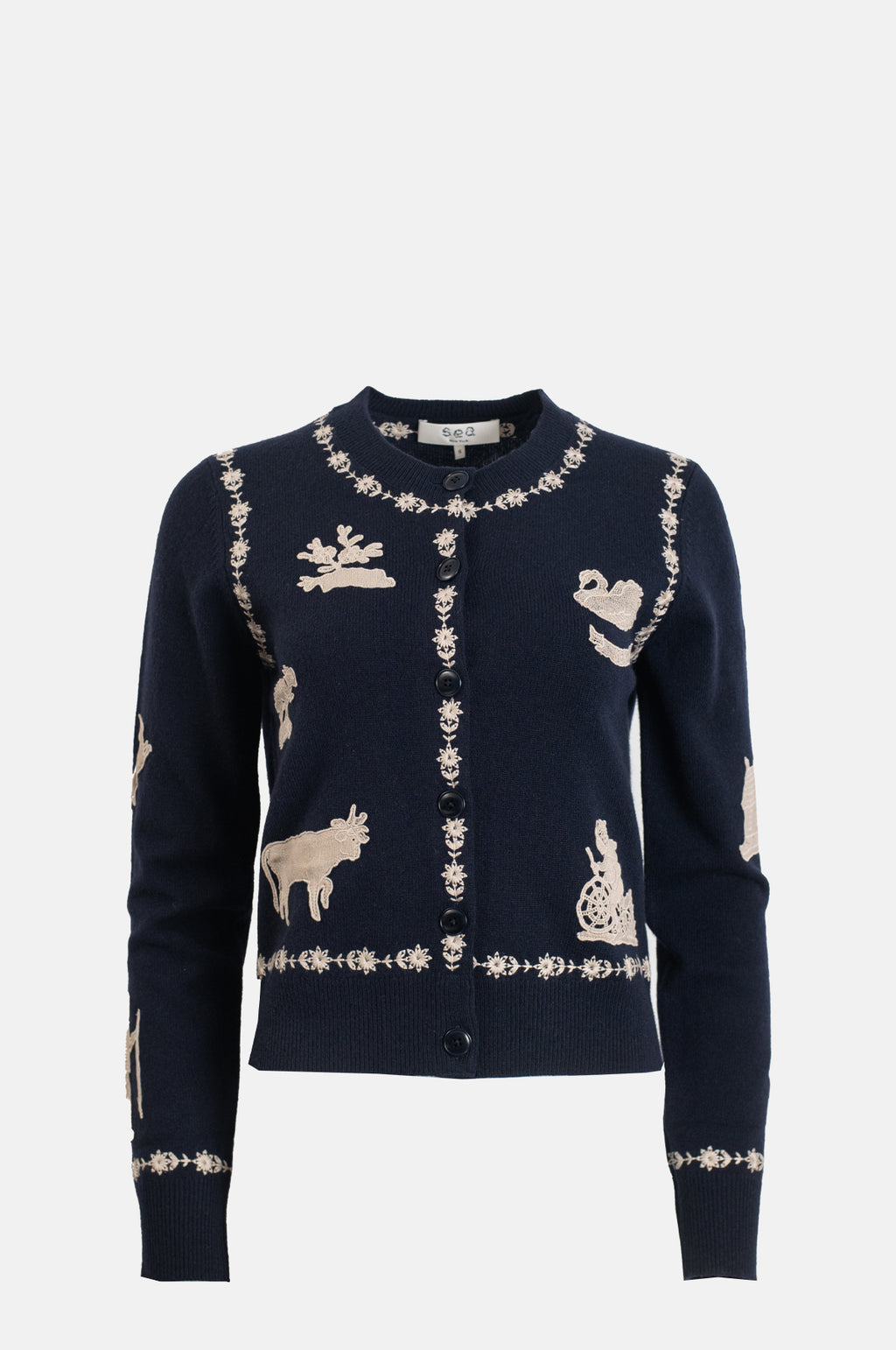 Sea New York Margeurite Lace Patch Long Sleeve Cardigan Navy.