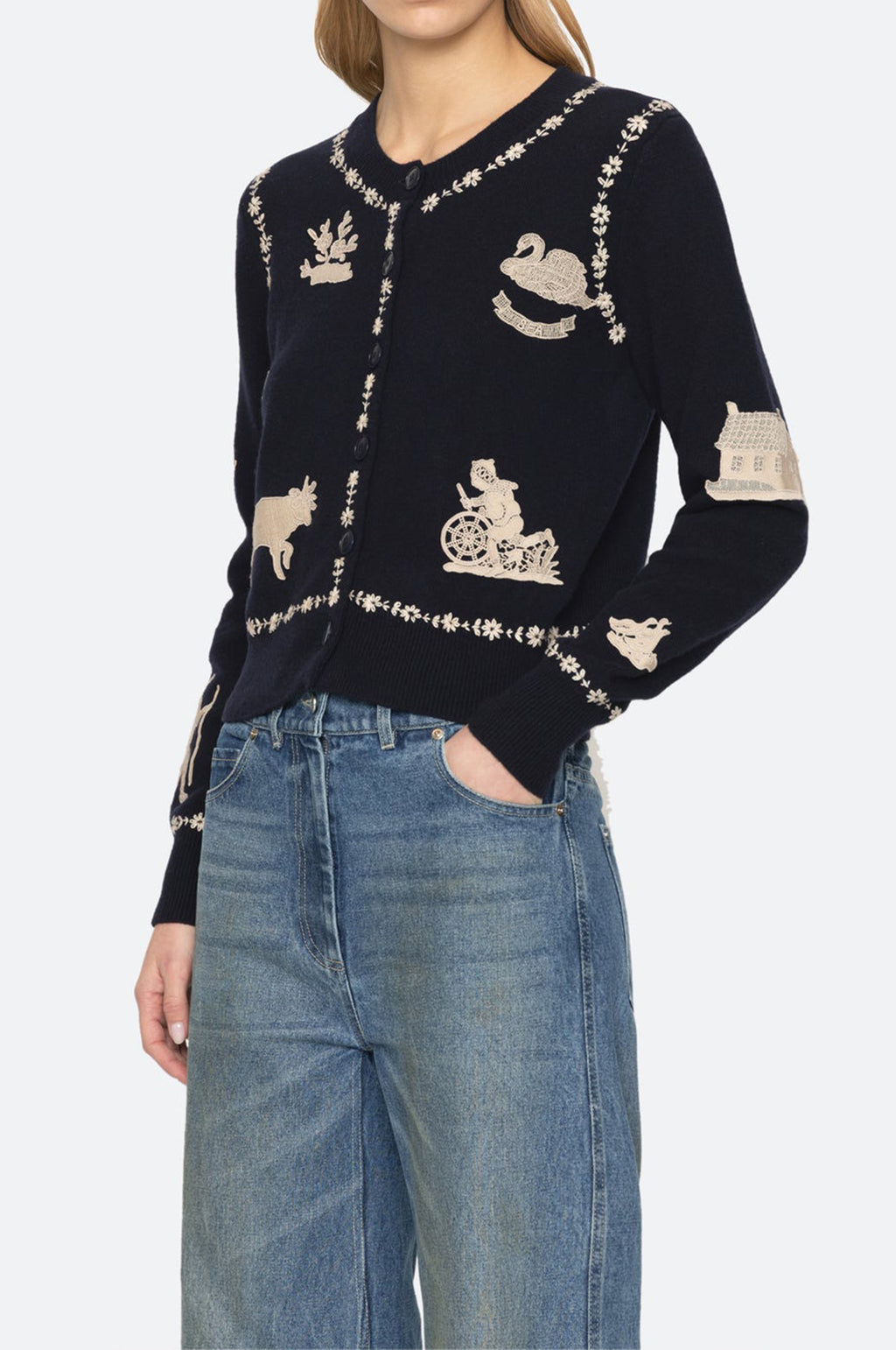 Margeurite Lace Patch L/Slv Cardigan Navy