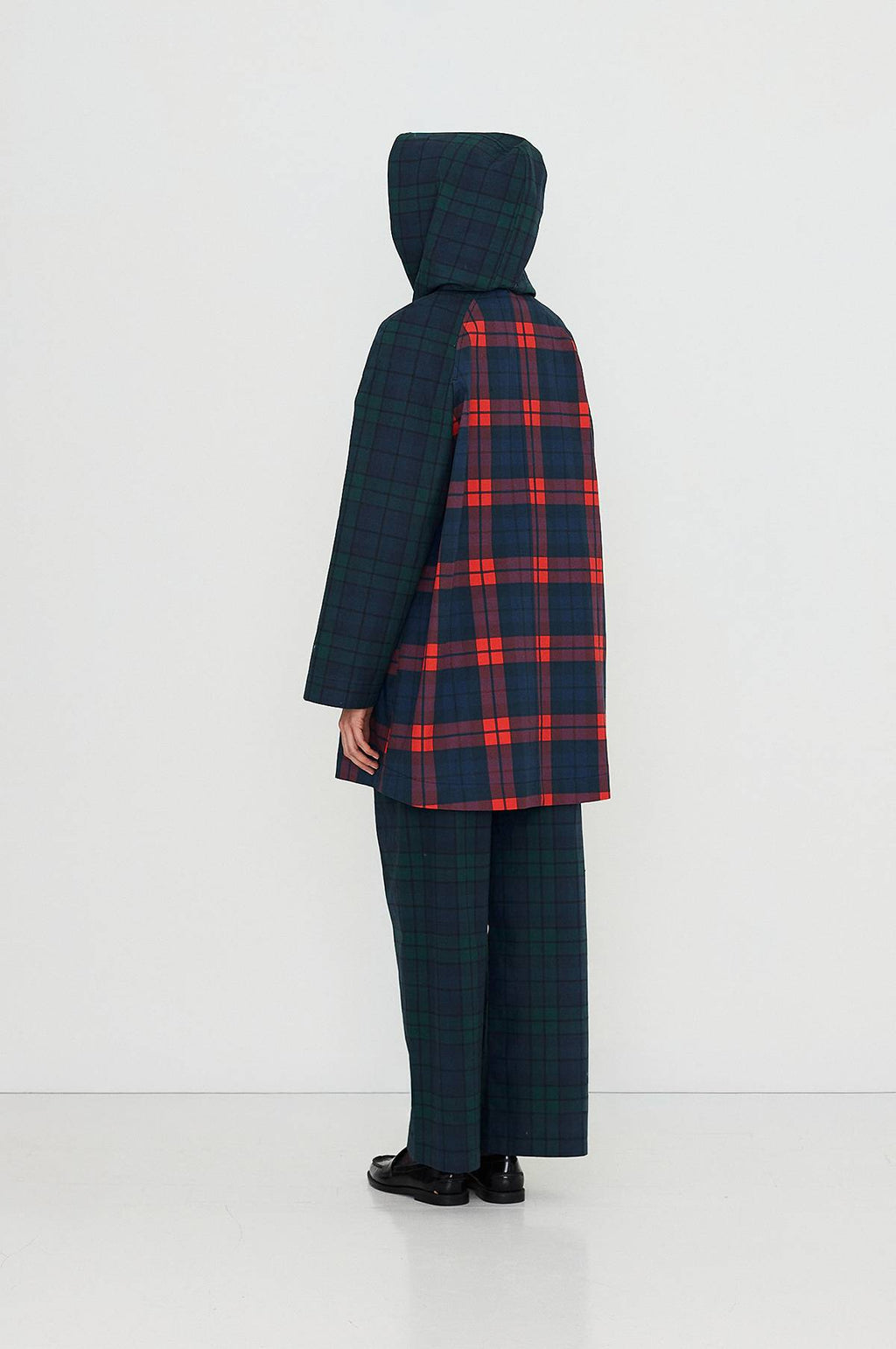Check Hood Trench Coat Light Navy/Dark Red
