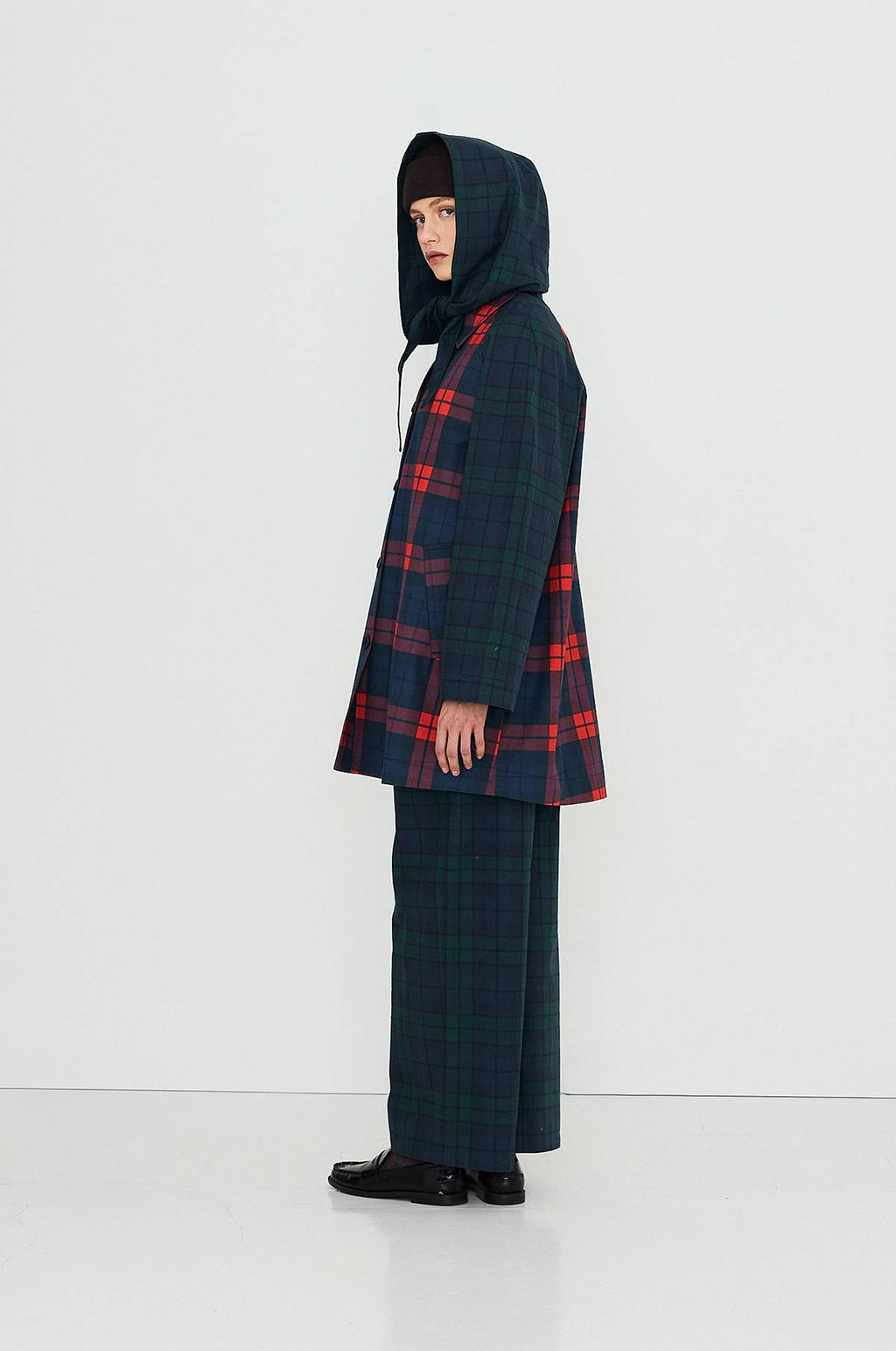 Check Hood Trench Coat Light Navy/Dark Red