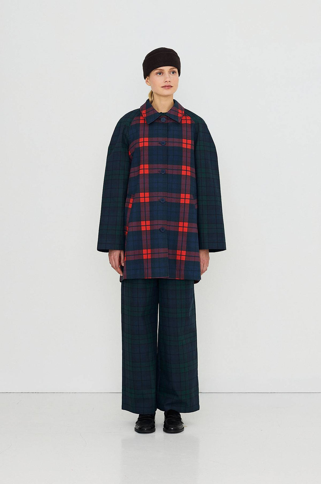 Check Hood Trench Coat Light Navy/Dark Red