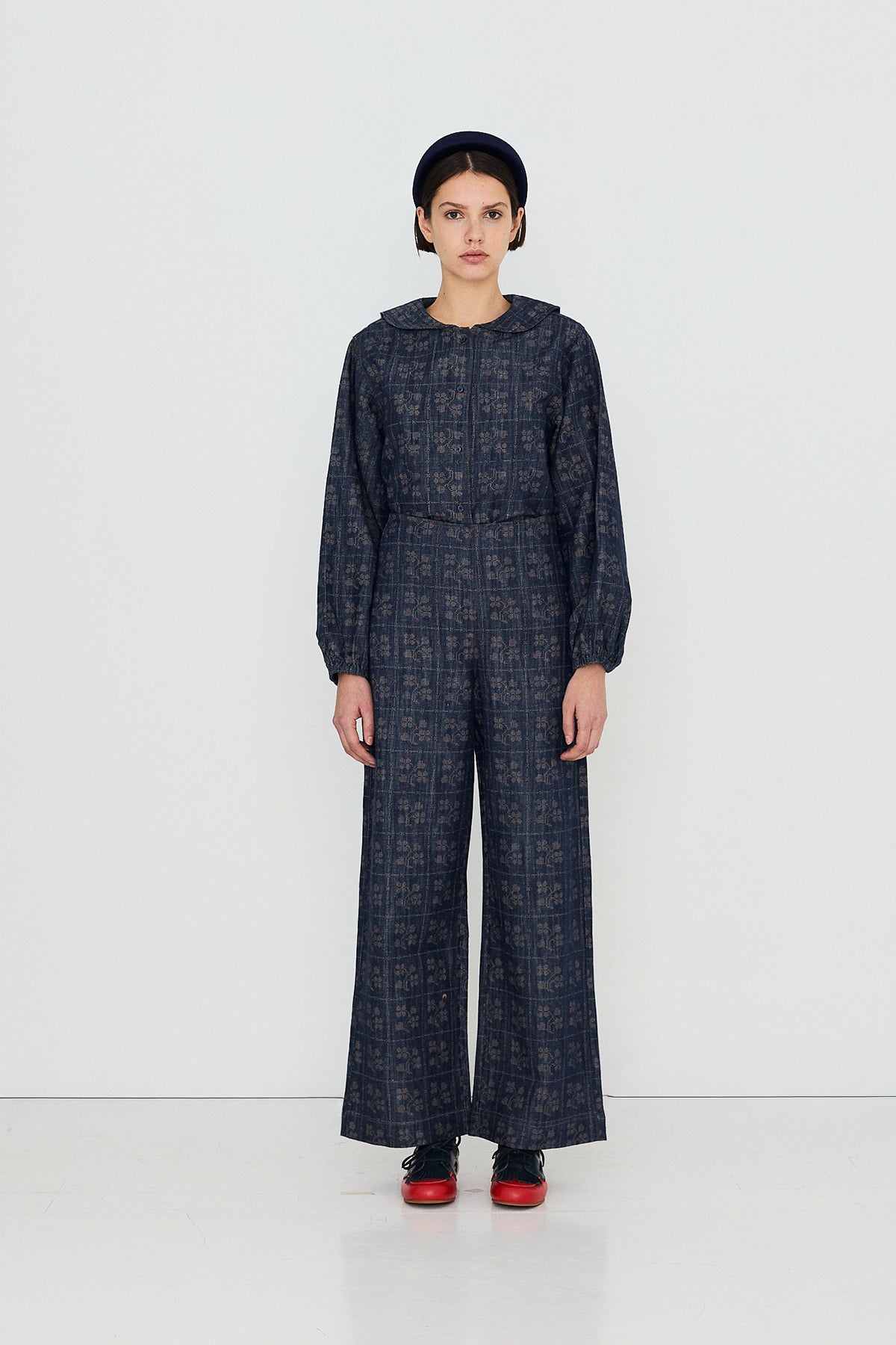 Dots Flowers Denim Blouse Navy