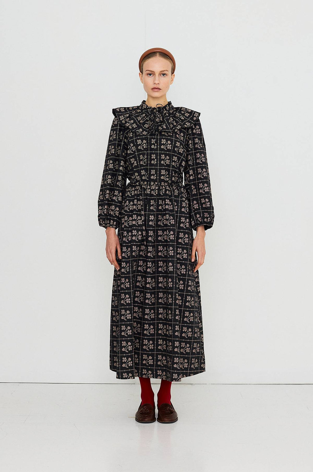 Dots Flowers Puff Sleeves Blouse Navy