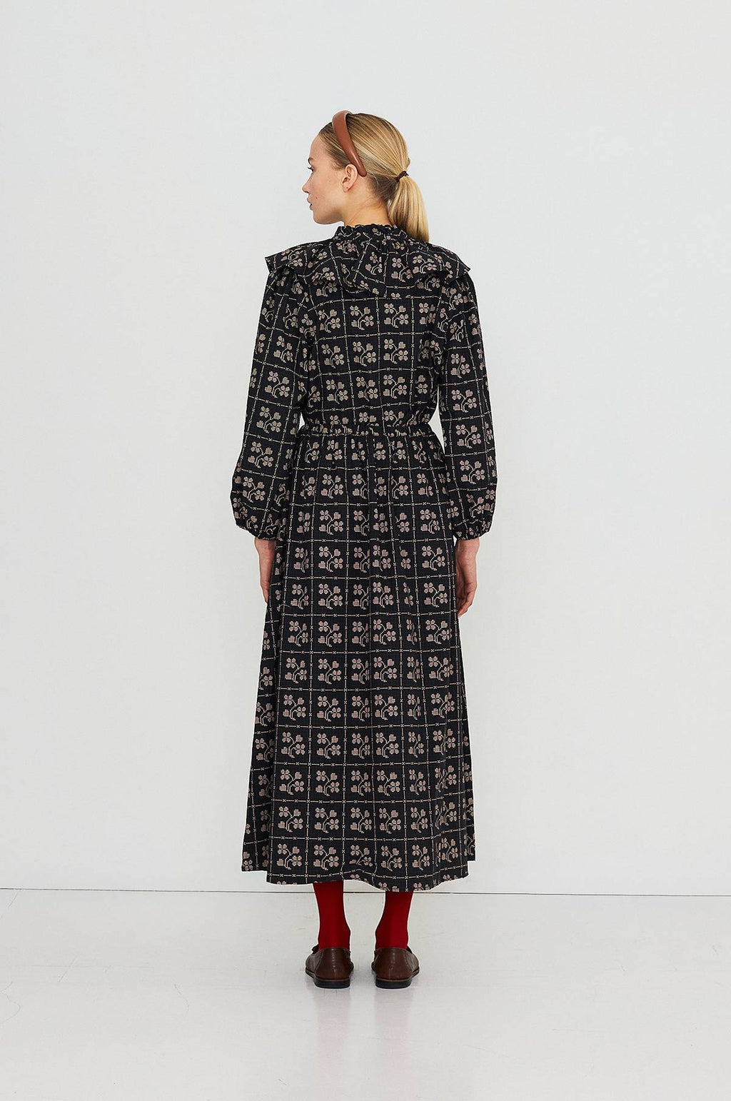 Dots Flowers Puff Sleeves Blouse Navy