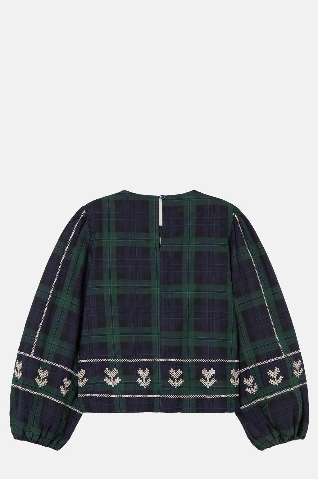 Embroidered Check Puff Sleeves Blouse Navy