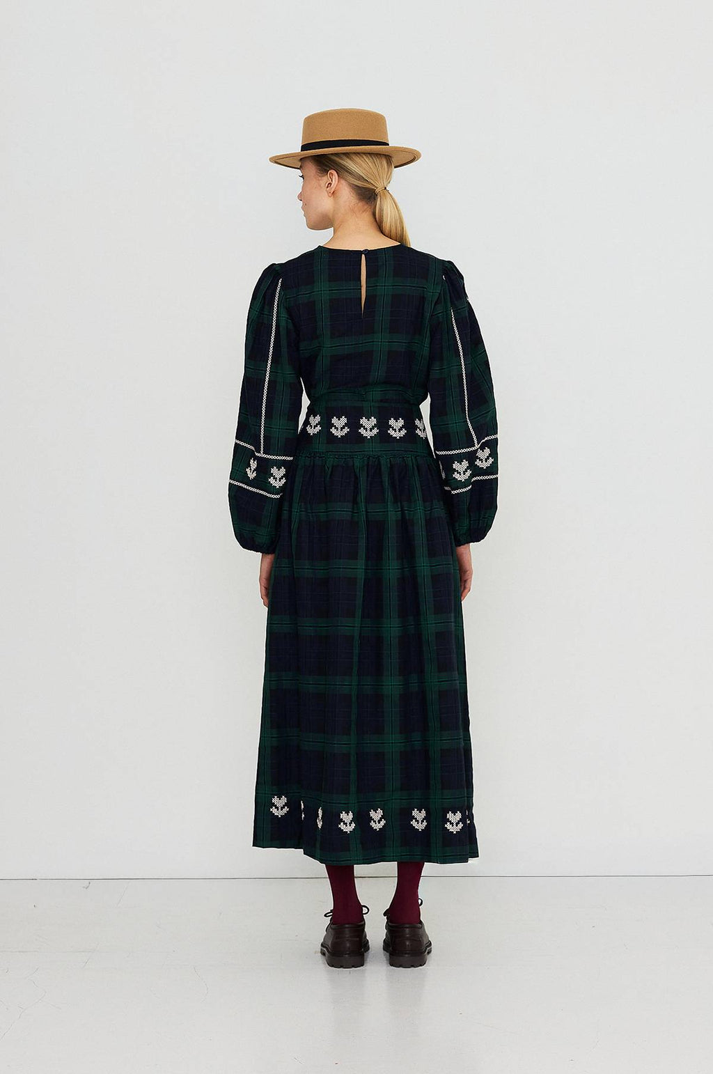 Embroidered Check Puff Sleeves Blouse Navy
