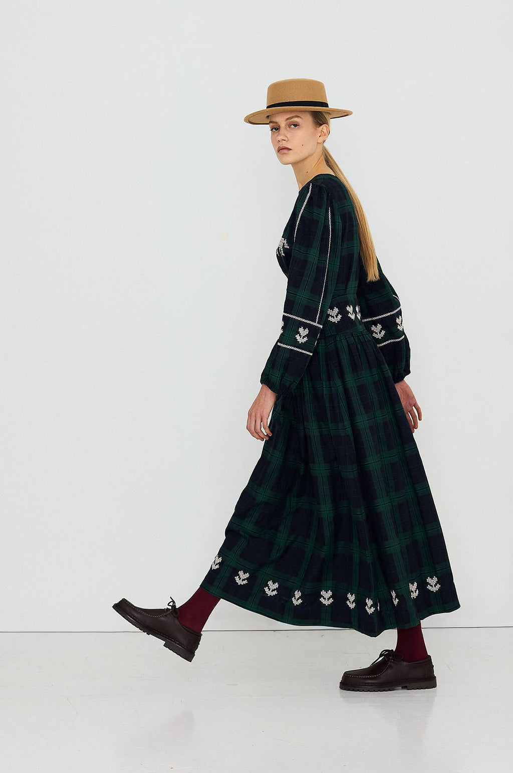 Embroidered Check Puff Sleeves Blouse Navy