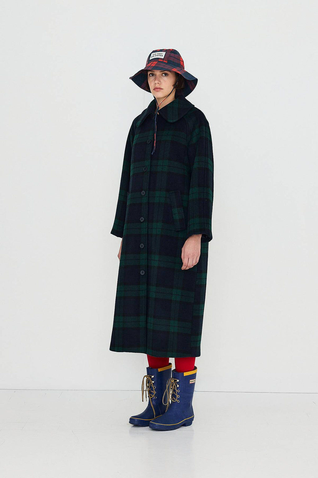 Long Check Coat Navy