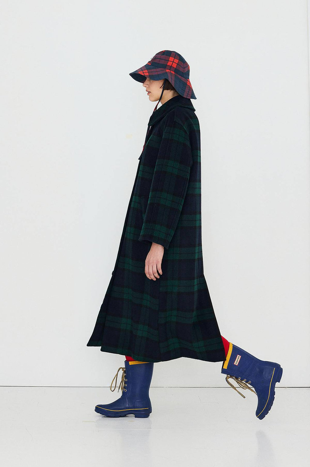 Long Check Coat Navy