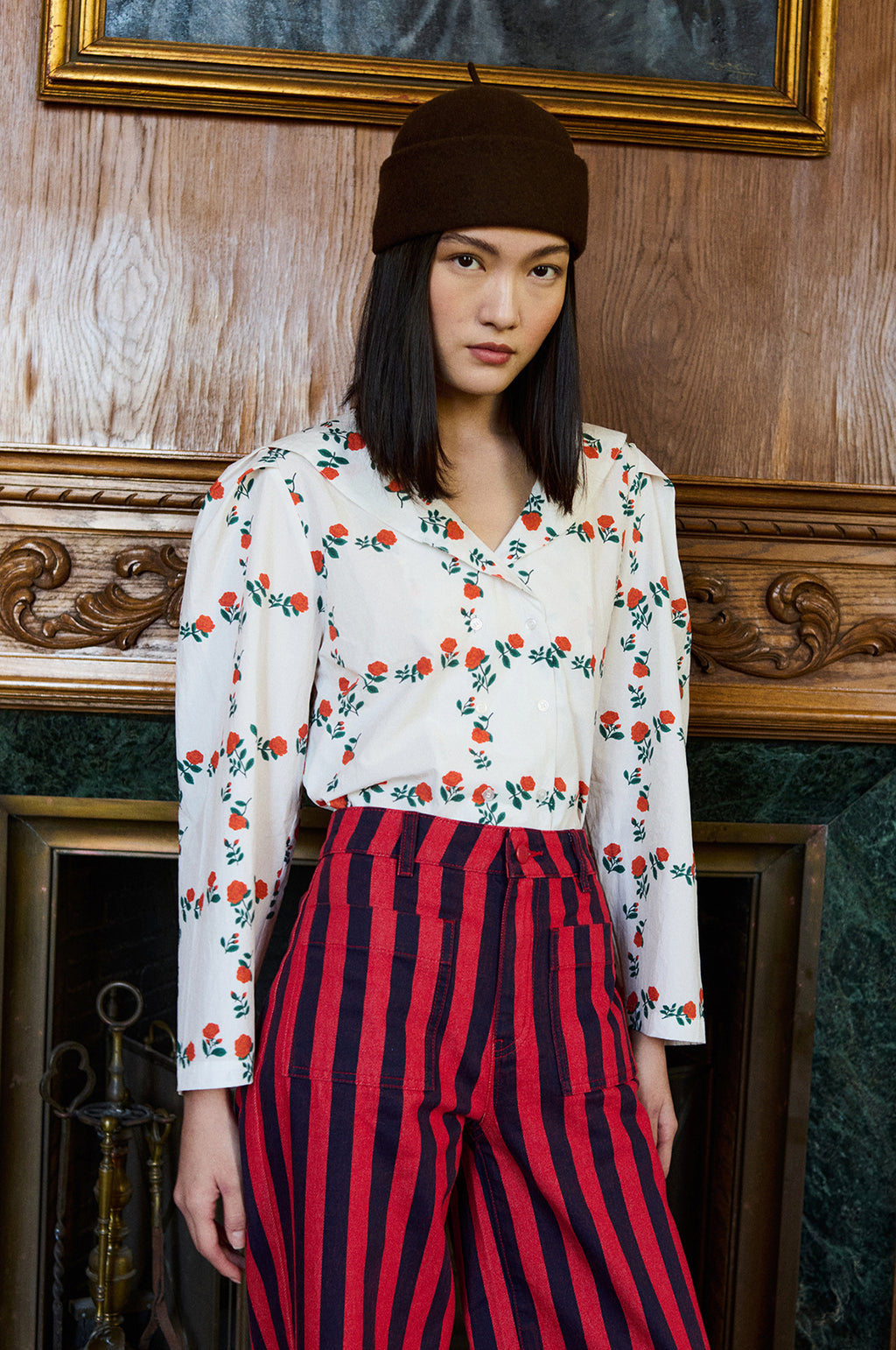 Roses Grid Sailor Neck Blouse Off White