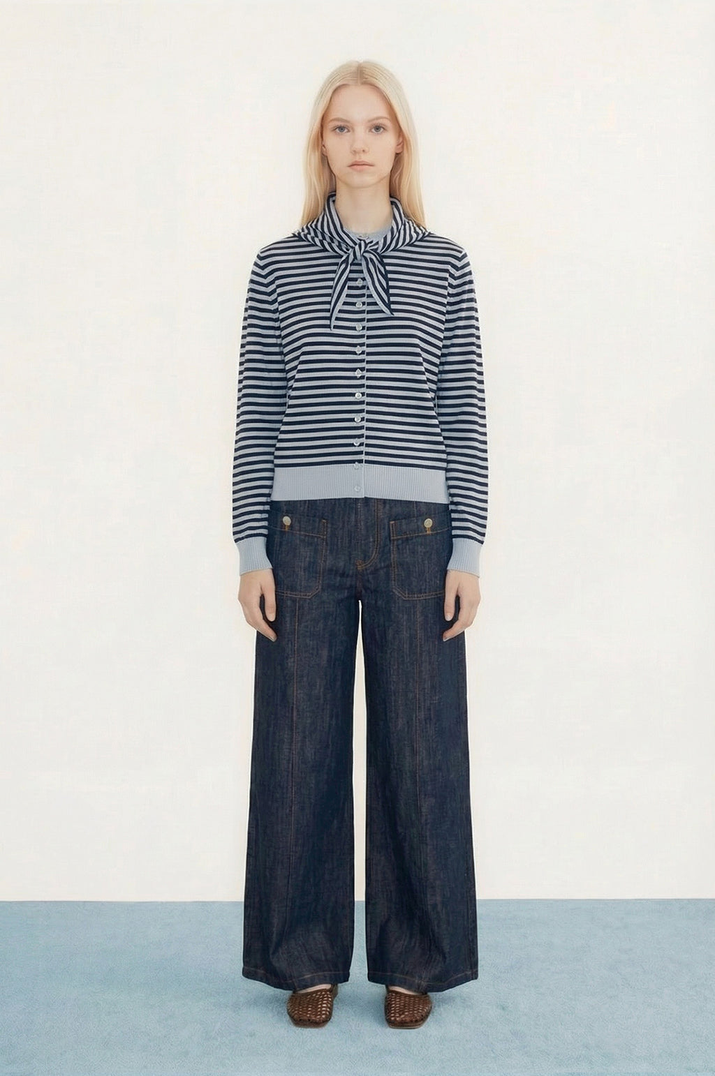 Striped Scarf Neck Lara Cardigan Pretty Blue/Navy