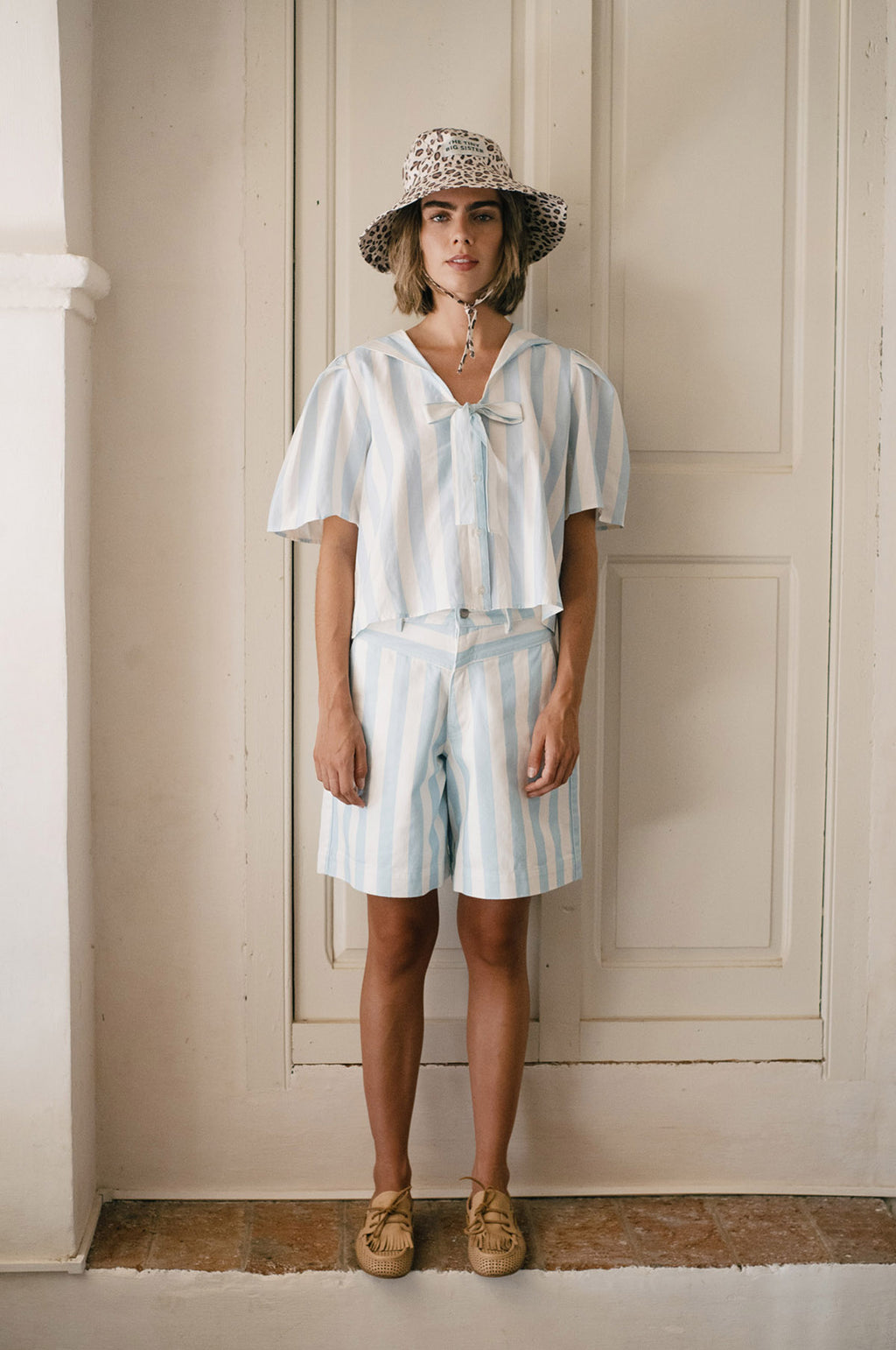 Wide Stripes Sailor Neck Blouse Pretty Blue