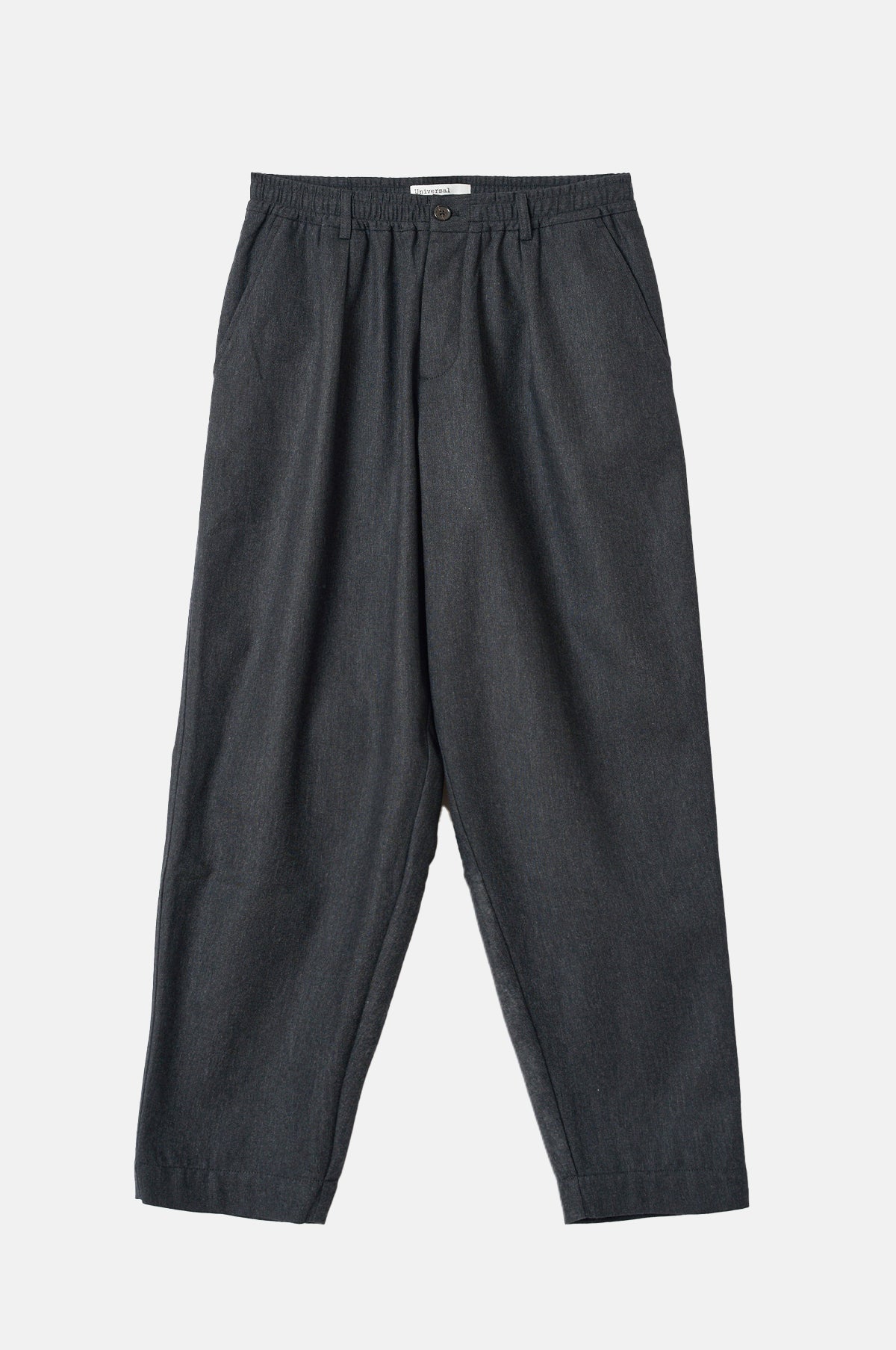 Universal Works Pleated Track Pant Recycled IT Tweed Charcoal.