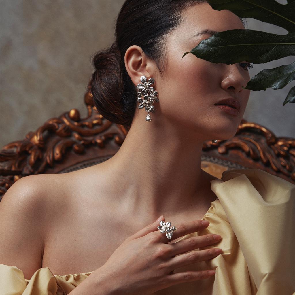 A.M. Flowering Apple Blossom Statement Earrings Silver