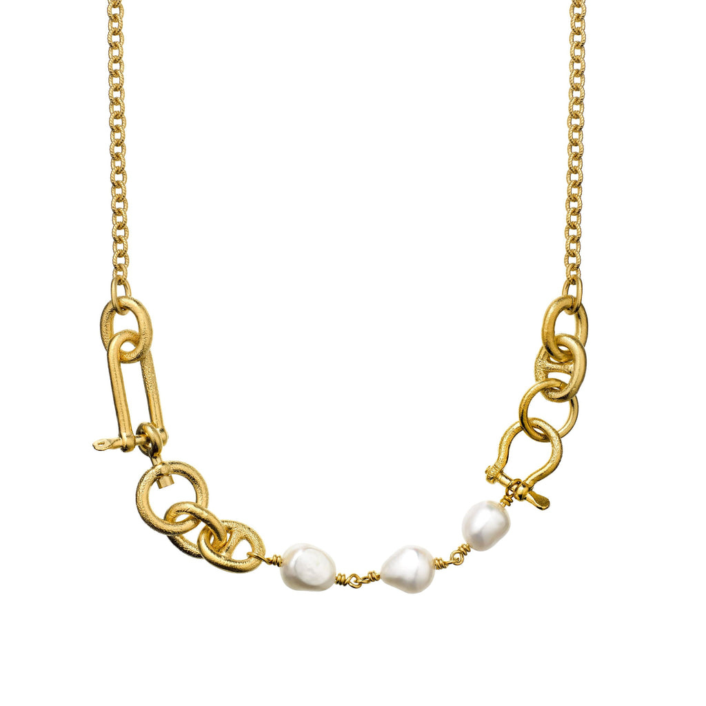 A.M. Heavy Boatyard Link Chain & Freshwater Pearl Statement Necklace Gold