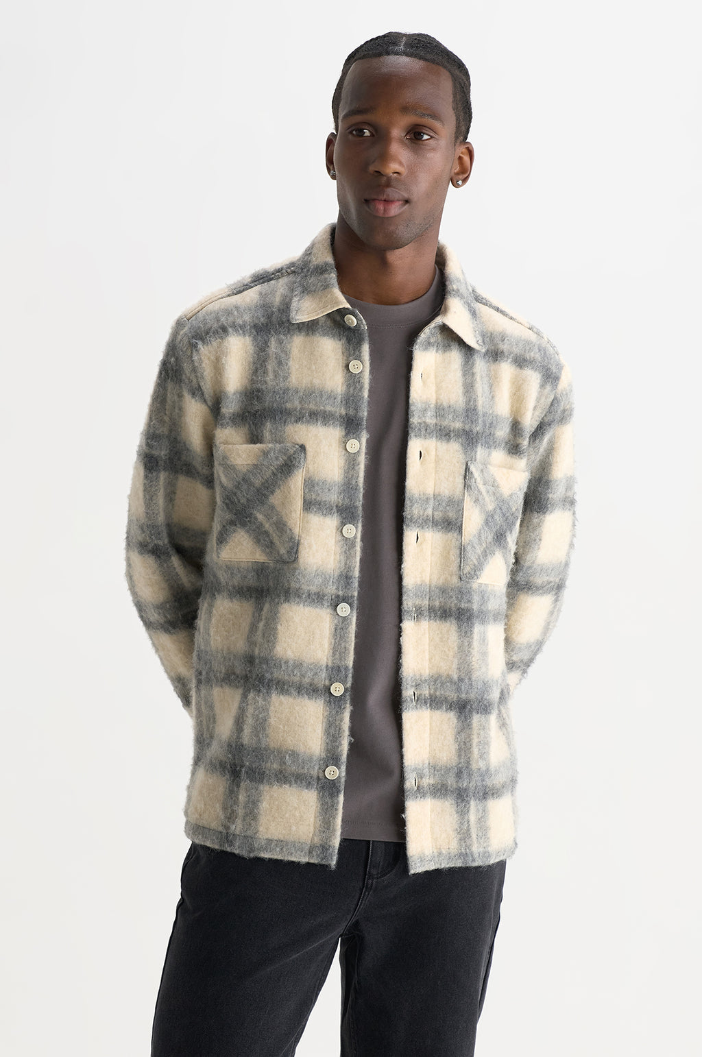 Whiting Overshirt Ash Wool Blend Check Ecru/Grey