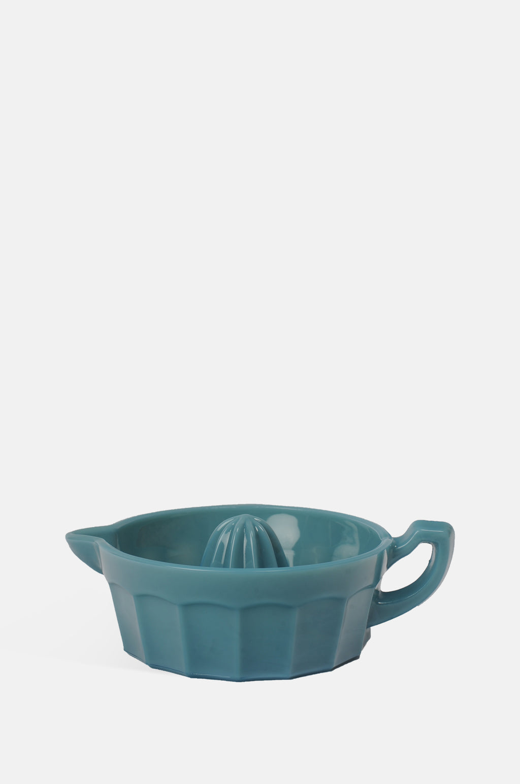 Mosser Glass steel georgia blue moulded glass juice reamer with pouring handle.