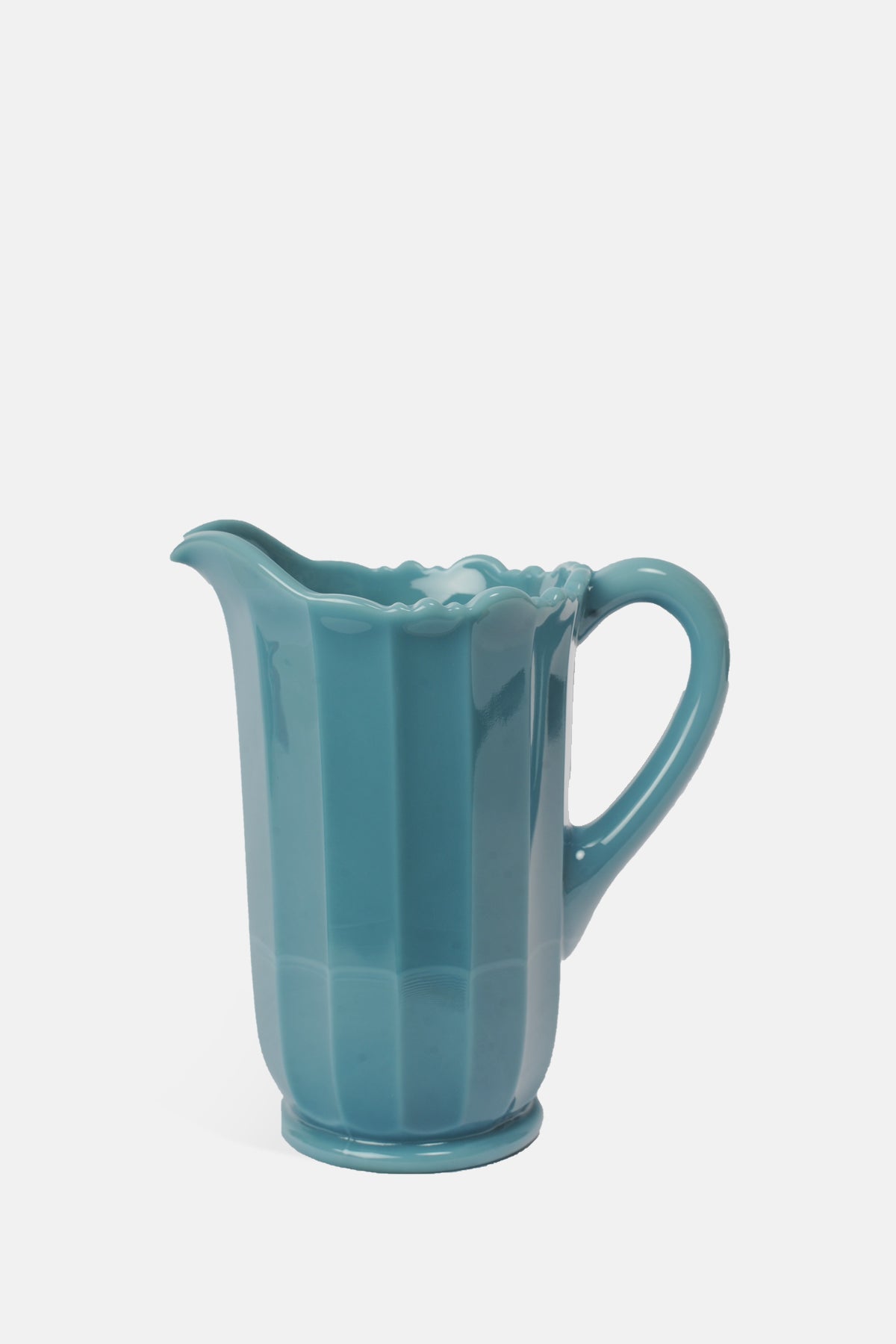 Mosser Glass moulded steel georgia blue panel pitcher with irregular scalloped rim.